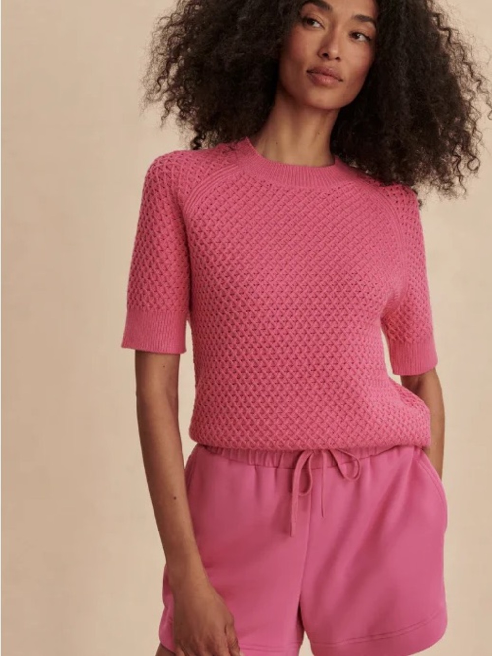 Varley Lucy Waffle Knit Pink Short Sleeve Sweater Top Pullover Women’s Sz Medium